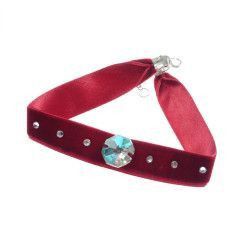 Colier Choker GANELLI cu Cristale Swarovski elements -octogon mare central si 6 mici rotunde catifea cu dublura din satin albastru