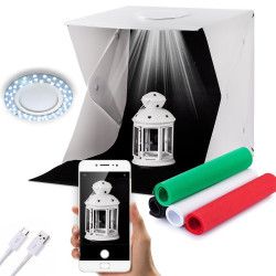 Cort Foto 40x40 cm pentru pozat produse cu 2 benzi de leduri si 1 set leduri circulare 4 culori diferite de fundal Antech Sim