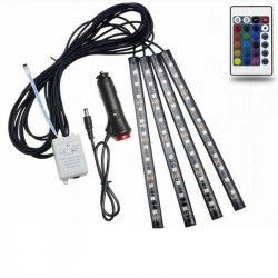 Lumina ambientala auto LED RGB 4 benzi autoadezive 6W 4 moduri telecomanda