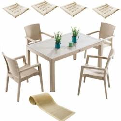 Mobila gradina INGLESA masa CLASSI RATAN 90x150x75cm 4 scaune PARIS RATTAN 4 perne scaun Traversa PANARI 40x150cm 
