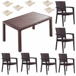 Mobila terasa INGLESA masa CLASSI RATAN 90x150x75cm 6 scaune PARIS RATTAN culoare cafea 6 perne scaun 
