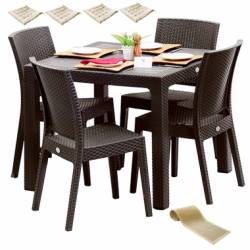 Mobilier exterior BLANZAC masa patrata CLASSI RATAN 90x90x75cm 4 scaune NICE 4 perne scaun Traversa 40x150cm 