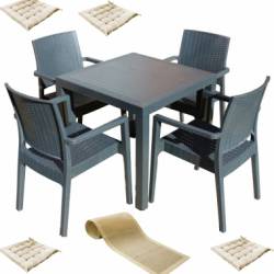 Mobilier exterior MATARANI masa patrata WOOD 90x90x75cm 4 scaune PARIS RATTAN polipropilen fibra sticla culoare cafea 4 