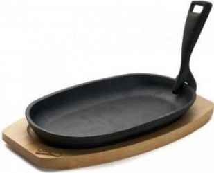 Platou Servire Oval 24X14 cm Fonta cu maner detasabil si baza din lemn