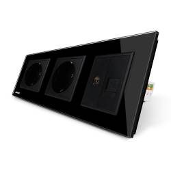 Priza tripla Livolo cu rama din sticla 2 prize simple + TV si internet Negru 