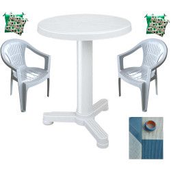 Set balcon RAKI Vilhena masa 60 cm cu 2 scaune Carnaval culoare alba 2 perne scaun Fata de masa rotunda 150cm 