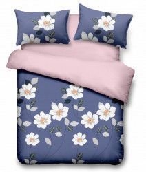 Set lenjerie pat dublu 4 piese microfibra 60gr/mp model Blue Daisy 