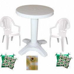 Set mobila balcon Raki masa 60 cm cu 2 scaune Milas culoare alba 2 perne scaun Fata de masa rotunda 150cm 