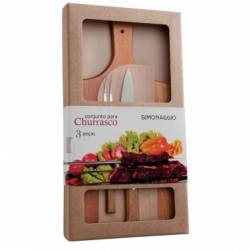 Set 3 piese furculita gratar cutit 20cm maner lemn si tocator lemn SIMONAGGIO CHURRASCO MN015541 