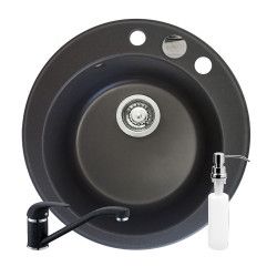 Set 3IN 1 PYRAMIS 1B Ø490mm adancime 170mm baterie pipa lunga si dozator detergent finisaj Pyragranite negru 