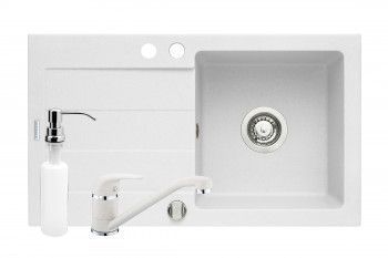 Set 3IN 1 PYRAMIS DR 760x440mmm adancime 170mm baterie pipa lunga si dozator detergent finisaj Pyragranite alb 