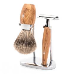 Set de barbierit cu aparat de ras clasic si pamatuf Fine Badger cu par de bursuc si maner din lemn de maslin S 281 H 870 