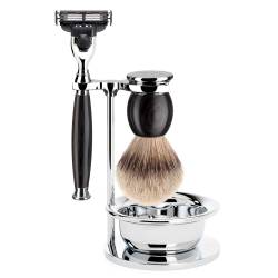 Set de barbierit cu aparat de ras compatibil Mach 3 si pamatuf Silvertip Badger cu par de bursuc si maner din lemn afric 