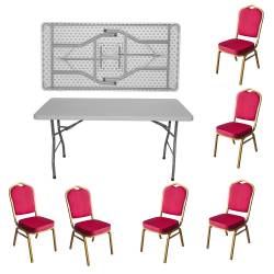 Set masa plianta dreptunghiulara pentru evenimente catering 152x76xH73 5cm cu blat complet si 6 scaune 