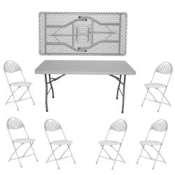 Set masa plianta dreptunghiulara pentru evenimente catering 152x76xH73 5cm cu blat complet si 6 scaune pliante 
