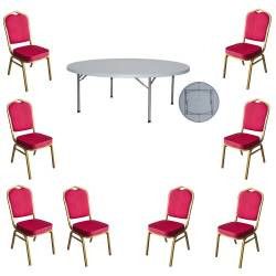 Set masa plianta rotunda pentru evenimente catering D180xH73 5cm cu 8 scaune culoare rosie 