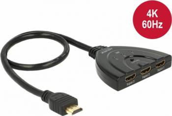 Switch HDMI Delock 3 porturi UHD 4K + cablu integrat 0.5m 