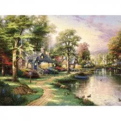 Tablou Canvas Peisaj de toamna Rau Copaci Casute 80 x 60 cm Multicolor