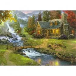 Tablou Canvas Peisaj Toamna Rau Munte Copaci Casuta 70 x 50 cm Multicolor