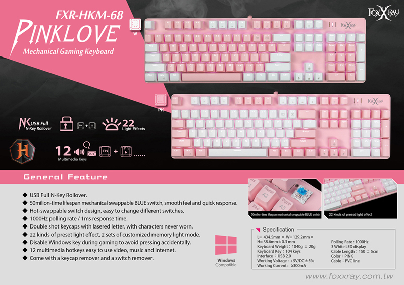 Tastatura Gaming FoxXray HKM-68 Pinklove Blue Switch Mecanica