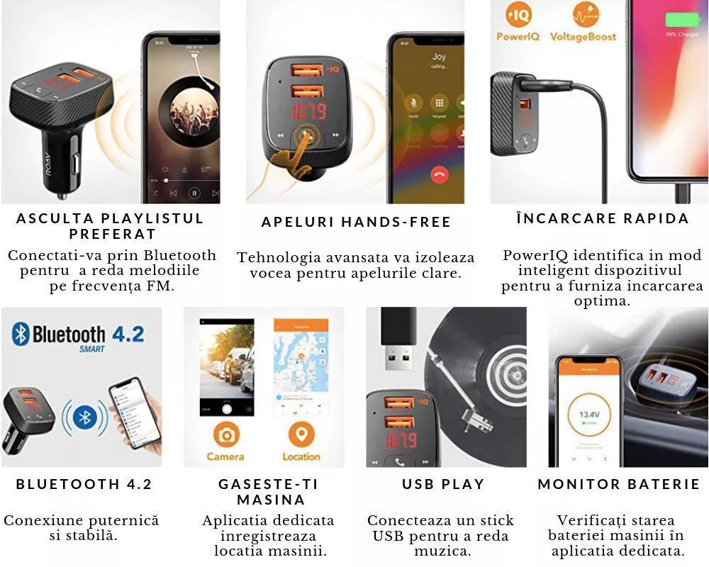 Incarcator auto Roav SmartCharge F2 dual USB FM Bluetooth Carkit