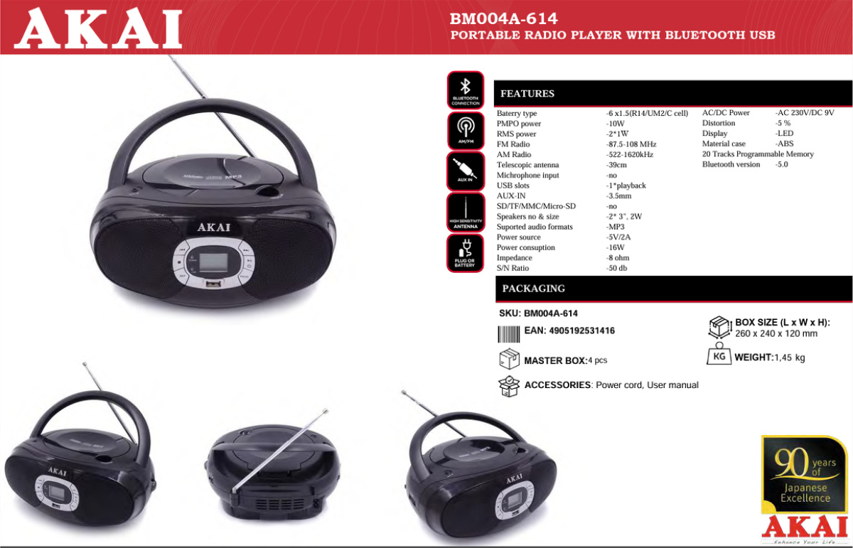 Microsistem audio Akai BM004A-614 CD-Player Radio Negru