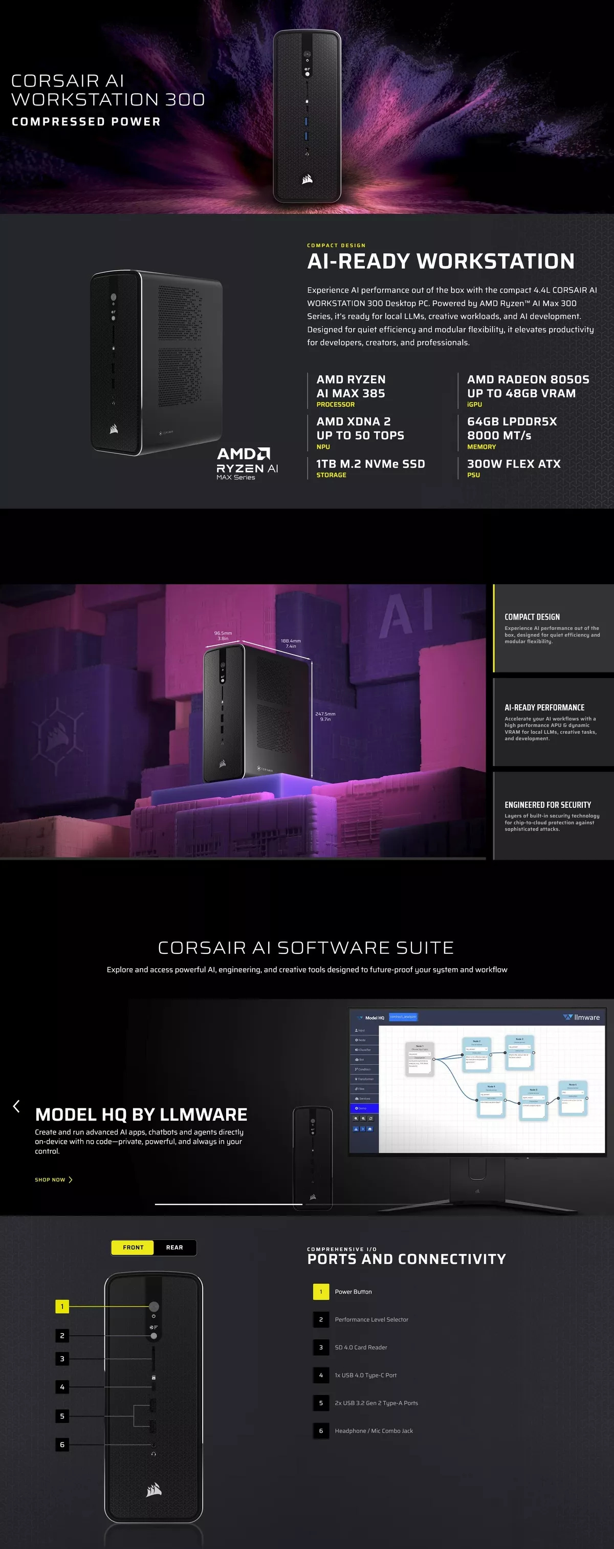 PC Gaming CORSAIR AI 300 AMD Ryzen Max 385 RAM 64GB LPDDR5X SSD 1TB Radeon