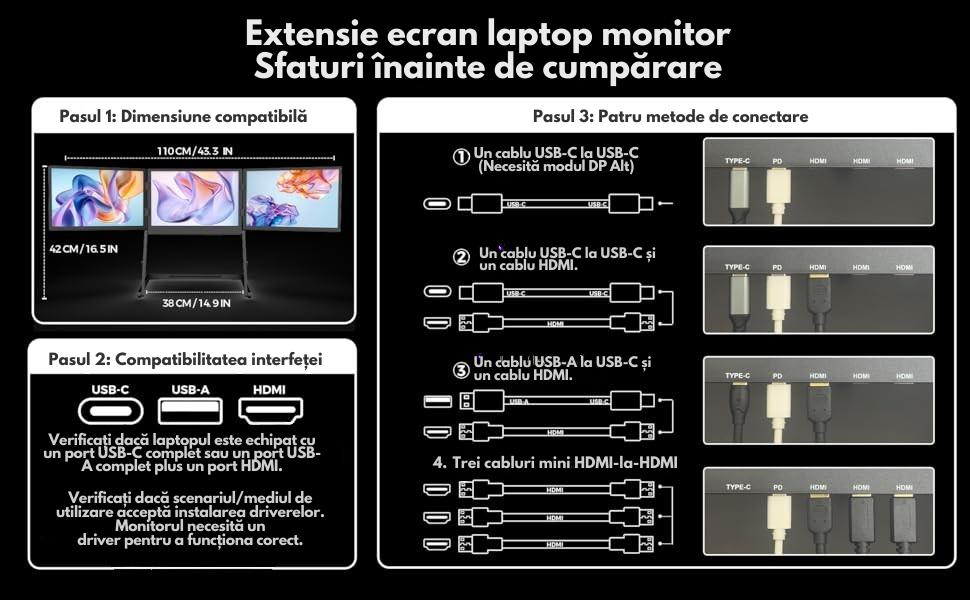 Monitor Portabil Triplu Extensibil pentru Laptop 15.6inch Full HD IPS QOVA®