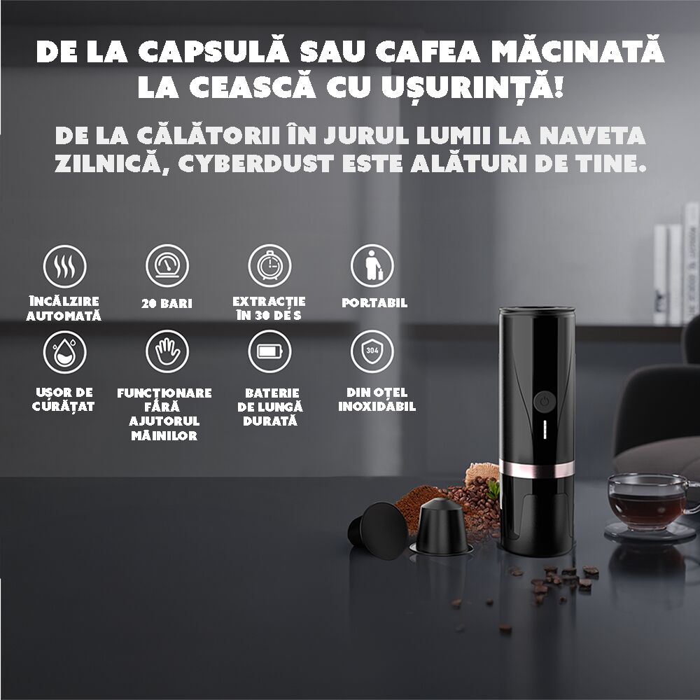 Minipresso CYBERDUST Espressor Portabil Negru Compatibil Cafea Macinata si