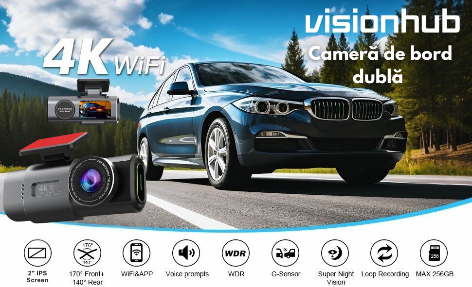Camera Dubla Camera Auto Dubla de bord 4k &ndash 2160p Full HD VisionHub® WIFI + GPS