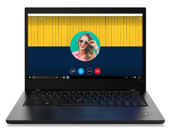 Front view of Lenovo ThinkPad L14 laptop open 90 degrees, showing keyboard and display.
