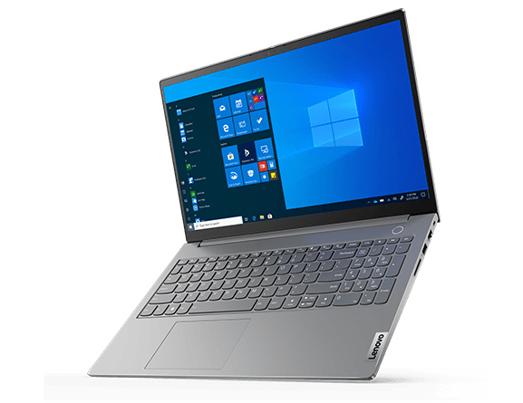 Left three-quarter view of Lenovo ThinkBook 15 Gen 2 tilted to sit on its front