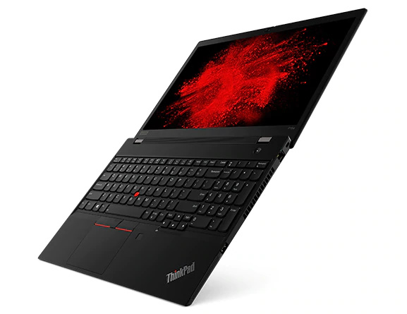An opened ThinkPad P15s Mobile Workstation, stood diagonally, showing a splash of bright red paint on a jet black canvas