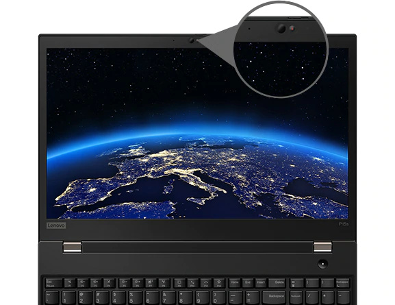 A display on the ThinkPad P15s Mobile Workstation, with a close-up of the ThinkShutter security feature.