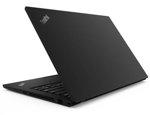 Back side of Lenovo ThinkPad T14 laptop angled to show left side ports and partial keyboard.