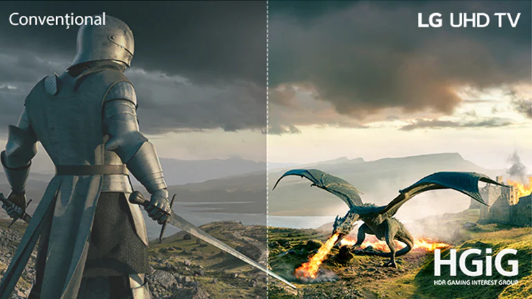 Un cavaler îmbrăcat în armură, cu sabie, si un dragon care suflă flăcări se înfruntă. Pe imagine, există texte pentru Modelul conventional în partea stângă sus, LG UHD TV în partea dreaptă sus si logoul HGiG în partea dreaptă jos.