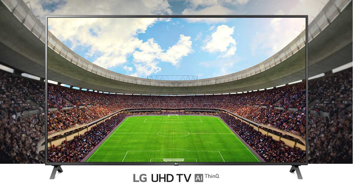 O vedere panoramică a stadionului de fotbal, plin de spectatori, afisat în cadrul unui televizor.