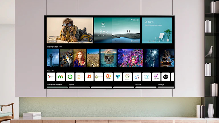 Un ecran TV care afisează ecranul de pornire cu un nou design, cu continut si canale personalizate