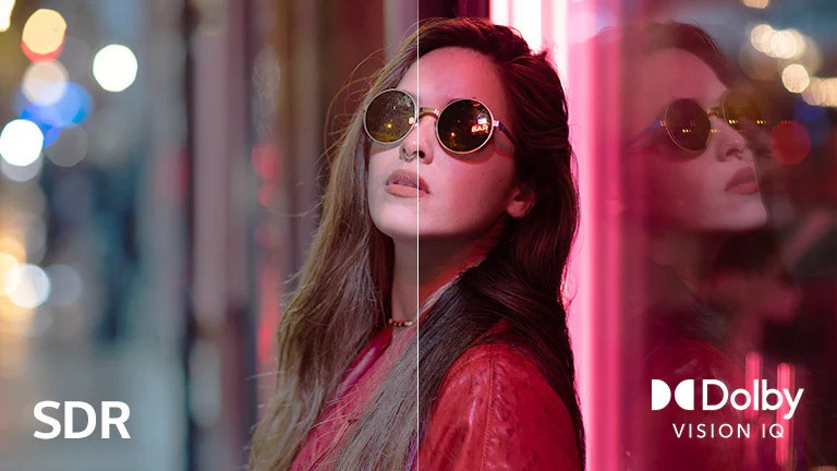 O imagine cu o femeie care poartă ochelari de soare este împărtită în două pentru a putea fi comparată. Pe imagine, există textul SDR în partea stângă jos si logoul Dolby Vision IQ în partea din dreapta jos.