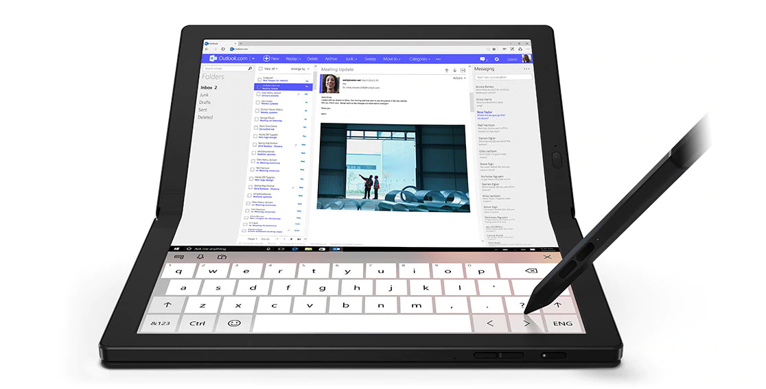 Lenovo ThinkPad X1 Fold front view, showing on-screen keyboard with pen.
