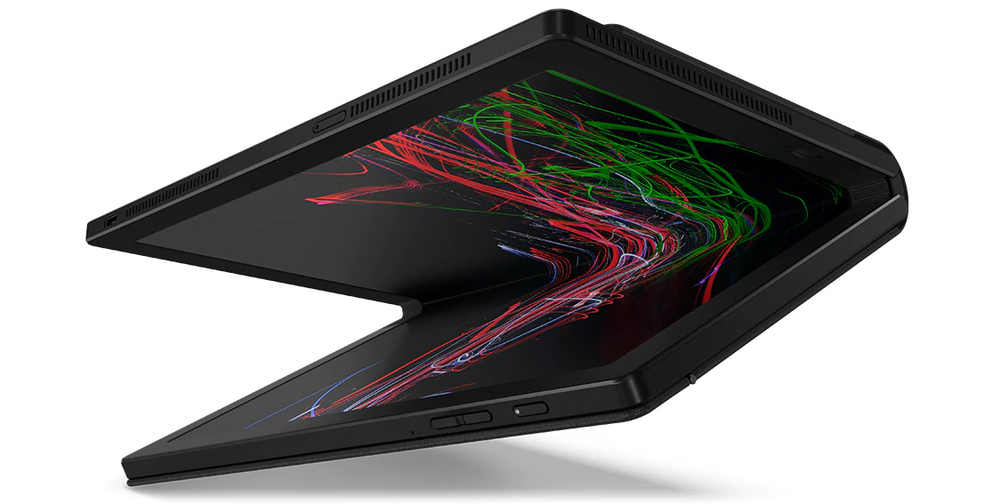 Lenovo ThinnkPad X1 Fold front-right side view with lid open at 25 degrees.