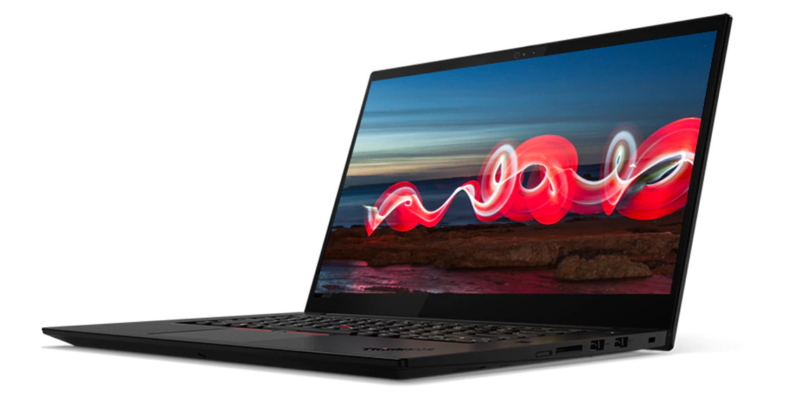 Lenovo ThinkPad X1 Extreme Gen 3 laptop open 90 degrees and angled to show left-side ports.