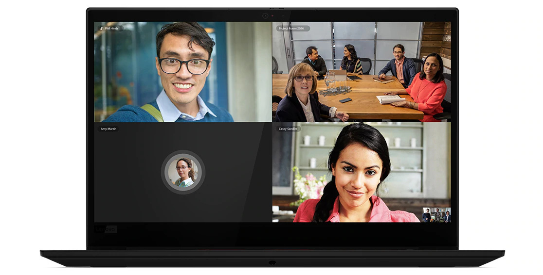 Headshot showing video conference session on display of Lenovo ThinkPad X1 Extreme Gen 3 laptop.