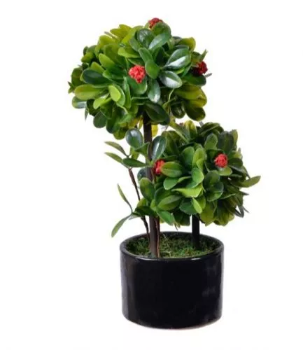 Floare artificiala decorativa in ghiveci bonsai inflorit cu inflorescente  rosii