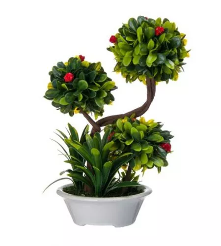Floare artificiala decorativa in ghiveci bonsai inflorit cu inflorescente  rosii