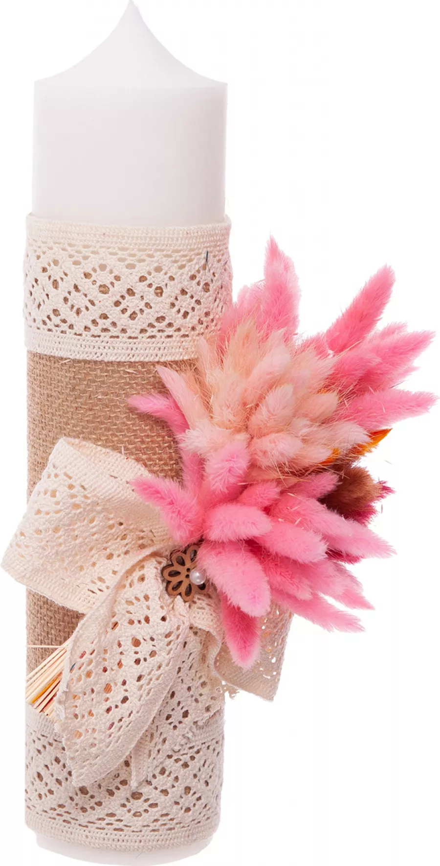 Lumanare botez lucrata manual spic culoare crem-roz dimensiune 30 x6 cm ...