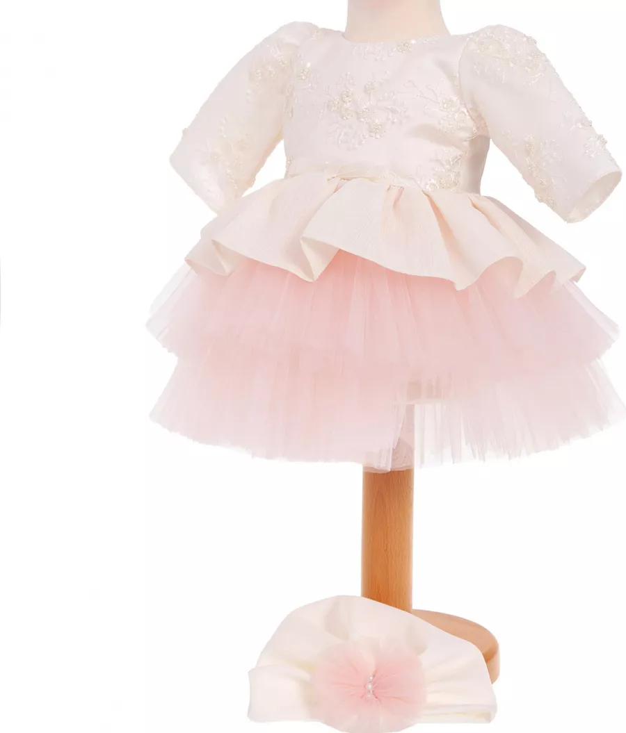 Rochita botez Emma crem-roz maneca lunga 2 piese 6-9 luni vnc63 - cel.ro