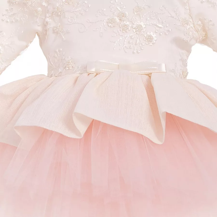 Rochita botez Emma crem-roz maneca lunga 2 piese 6-9 luni vnc63 - cel.ro