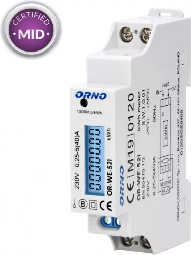 Contor monofazic Orno OR-WE-521 40A certificare MID 230V clasa de măsurare B frecvență de impuls 1000 imp/kWh IP51 alb — imaginea 5