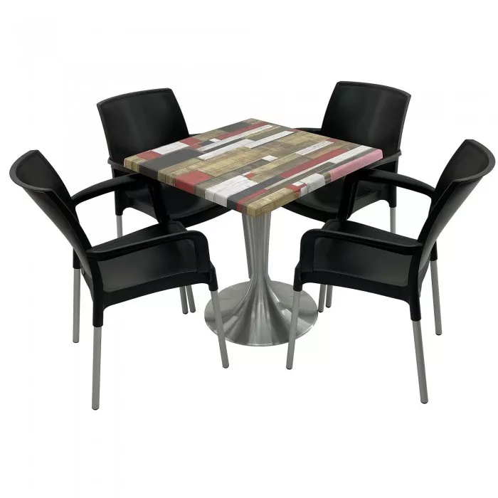 Set 4 scaune SUNSET negru cu masa patrata 70x70cm Raki Redden Wood blat